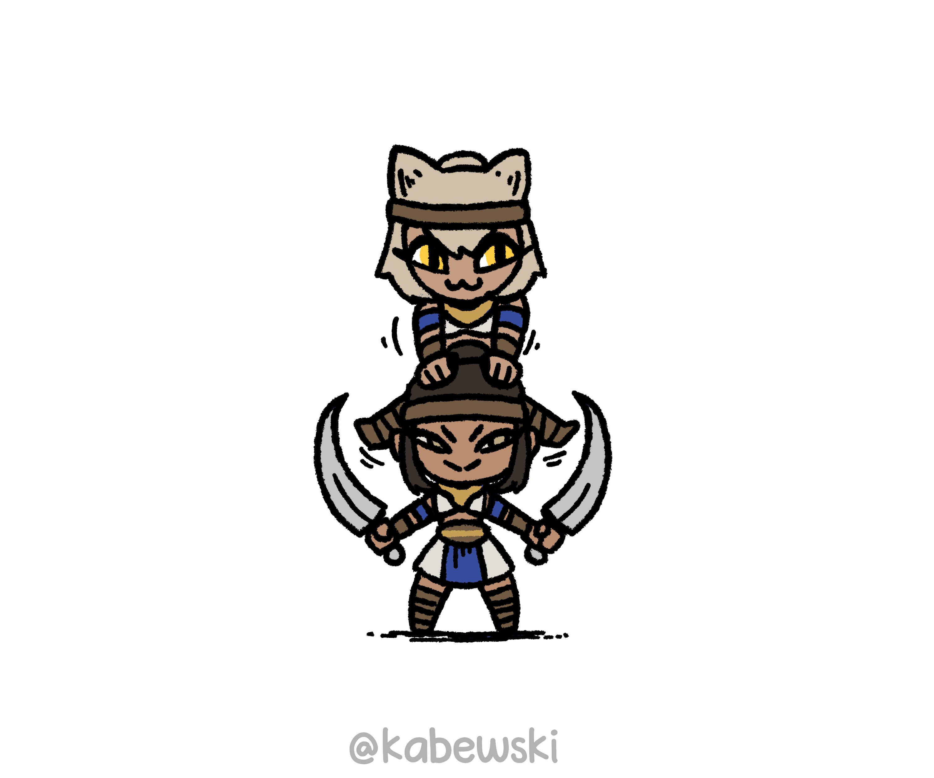 kabewski, age of empires (series), age of empires ii, absurdres, highres, 2girls, bandana, brown hair, dark-skinned female, dark skin, dual wielding, holding, holding knife, karambit, karambit warrior (age of empires ii), knife, multiple girls, on person, skirt, white background, yellow eyes