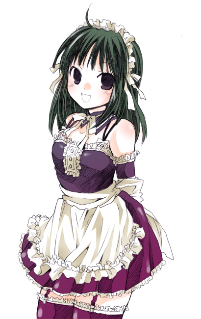 kubyou azami, kurauchi anna, kore ga watashi no goshujin-sama, 00s, 1girl, apron, arm garter, arms behind back, bare shoulders, blush, breasts, cowboy shot, detached collar, dress, elbow gloves, female focus, garter straps, gloves, green hair, looking at viewer, maid, maid headdress, nakabayashi yoshitaka's maid uniform, purple eyes, short dress, simple background, small breasts, smile, solo, standing, thighhighs, waist apron, white background, zettai ryouiki
