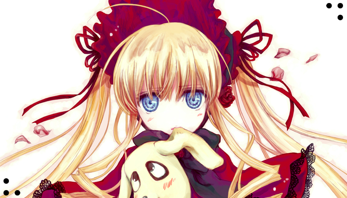cradle (circle), kunkun, shinku, rozen maiden, 00s, 1girl, ahoge, blonde hair, blue eyes, blush, bonnet, capelet, expressionless, female focus, floating hair, flower, long hair, looking at viewer, petals, rose, solo, twintails, upper body, very long hair