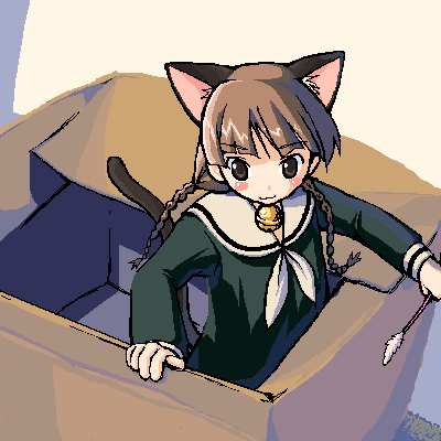 shimazu yoshino, maria-sama ga miteru, lowres, 00s, animal ear fluff, animal ears, bell, box, cardboard, cardboard box, cat ears, cat tail, in box, in container, jingle bell, oekaki, school uniform, serafuku, solo, tail