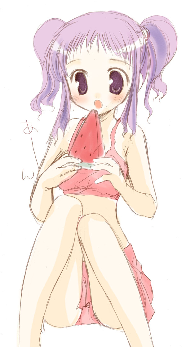 original, 1girl, female focus, food, fruit, holding, holding food, holding fruit, holding watermelon, knees together feet apart, simple background, solo, watermelon, white background