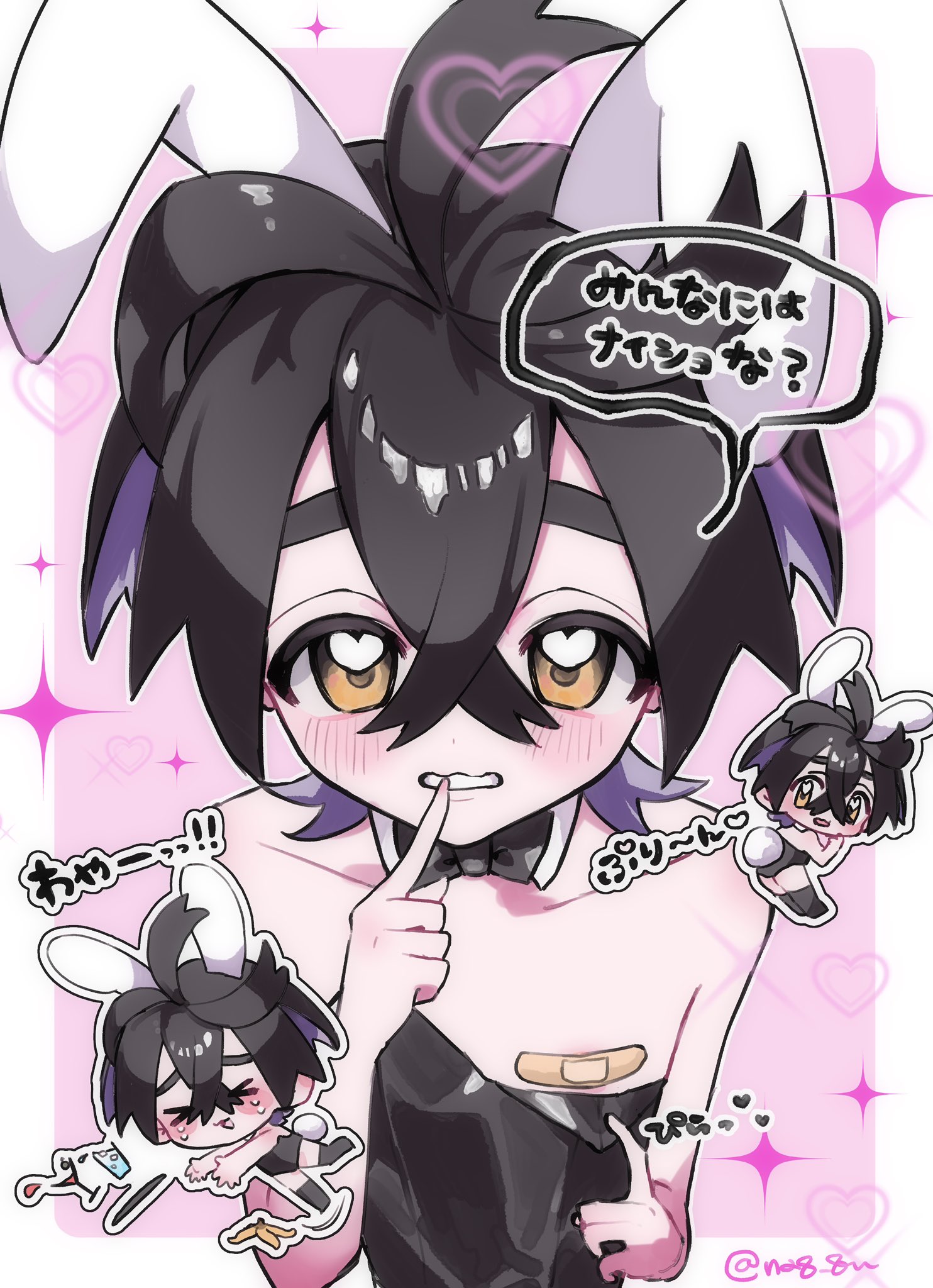 na8 8n, kieran (pokemon), nintendo, pokemon, pokemon sv, commentary request, highres, translation request, 1boy, alternate costume, animal ears, bandaid, bandaids on nipples, black bow, black bowtie, black hair, black leotard, blush, bow, bowtie, collarbone, colored inner hair, detached collar, hand up, heart, index finger raised, leotard, male focus, multicolored hair, multiple views, pasties, pink background, rabbit ears, sparkle, speech bubble, teeth, twitter username, yellow eyes