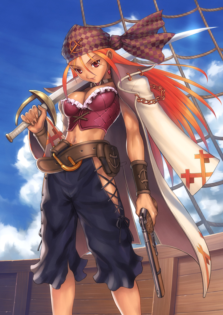 goto p, 1girl, antique firearm, bandana, belt, breasts, bustier, chain, choker, cleavage, cloud, coat, day, dual wielding, earrings, female focus, firearm, gun, handgun, holding, jewelry, large breasts, lingerie, long hair, midriff, orange hair, pink eyes, pirate, pistol, sky, smile, solo, sword, trench coat, underwear, weapon
