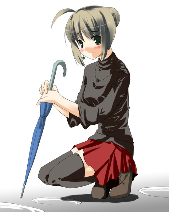 shigen, artoria pendragon (fate), saber (fate), fate/stay night, fate (series), 00s, 1girl, ahoge, alternate costume, black thighhighs, blonde hair, braid, braided bun, brown shoes, closed umbrella, female focus, full body, gradient background, hair bun, jewelry, miniskirt, necklace, puddle, shoes, single hair bun, skirt, solo, thighhighs, umbrella, white background