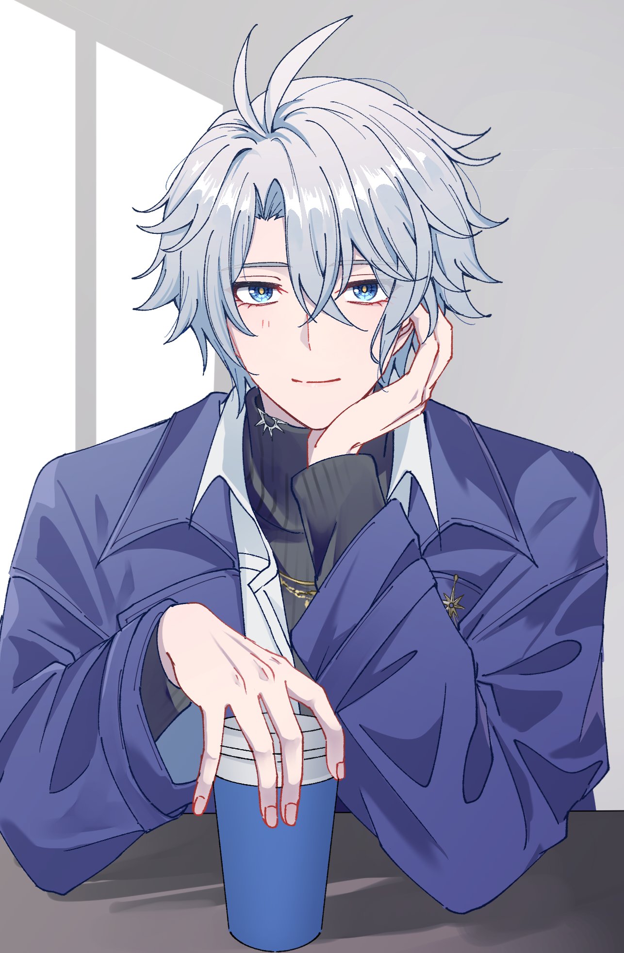 mororo1357, phainon (honkai: star rail), honkai: star rail, honkai (series), highres, 1boy, antenna hair, black shirt, blue coat, blue eyes, closed mouth, coat, cup, grey background, grey hair, head rest, holding, holding cup, looking at viewer, male focus, official alternate costume, open clothes, open coat, parted bangs, phainon (luckin coffee) (honkai: star rail), shirt, short hair, sitting, smile, solo, table, yellow pupils