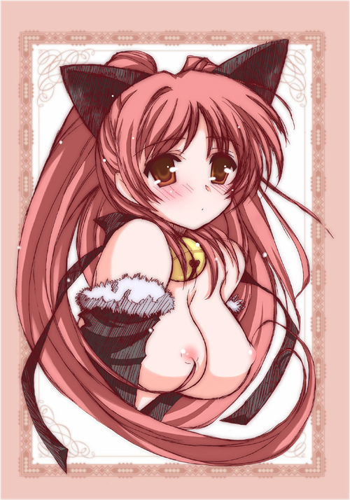 gussan, kousaka tamaki, to heart (series), to heart 2, 00s, 1girl, animal ears, bell, blush, breasts, brown eyes, cat ears, closed mouth, dot mouth, female focus, jingle bell, kemonomimi mode, large breasts, long hair, nipples, red hair, solo, topless female, upper body
