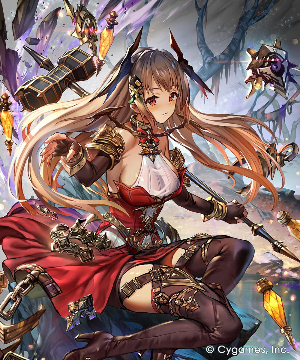 77gl, charon (shadowverse), shadowverse, shadowverse: worlds beyond, commentary request, highres, official art, 1girl, armpits, bare shoulders, blush, boots, breasts, brown hair, company name, detached sleeves, dress, floating, floating object, halterneck, hammer, holding, holding hammer, large breasts, long hair, looking at viewer, red dress, red eyes, skirt, solo, thigh boots, tree