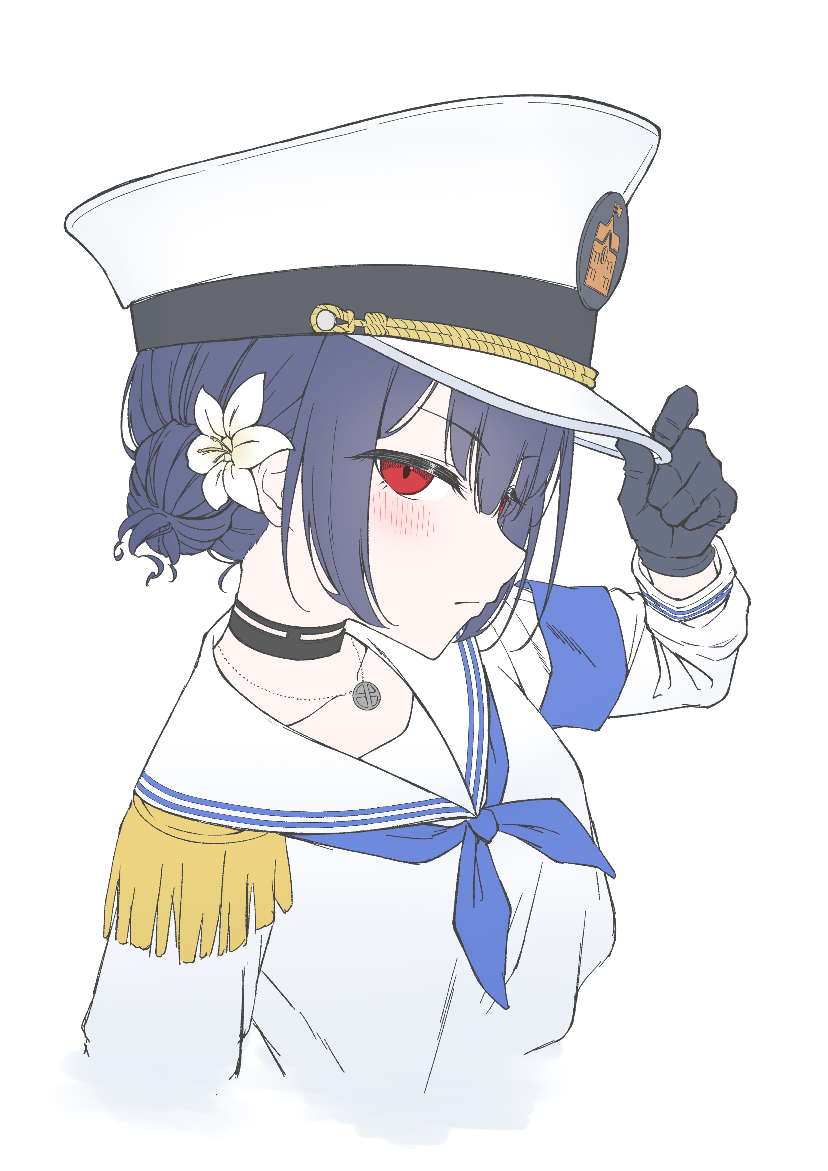 amama (pcnk4878), morino rinze, idolmaster, idolmaster shiny colors, absurdres, highres, 1girl, adjusting clothes, adjusting headwear, armband, black choker, black gloves, blue armband, blue hair, blue neckerchief, blush, choker, closed mouth, collarbone, epaulettes, flower, gloves, hair bun, hair flower, hair ornament, hat, jewelry, long sleeves, looking at viewer, neckerchief, necklace, official alternate costume, red eyes, sailor collar, serious, shirt, short hair, sidelocks, sideways glance, single epaulette, solo, upper body, white background, white hat, white sailor collar, white shirt