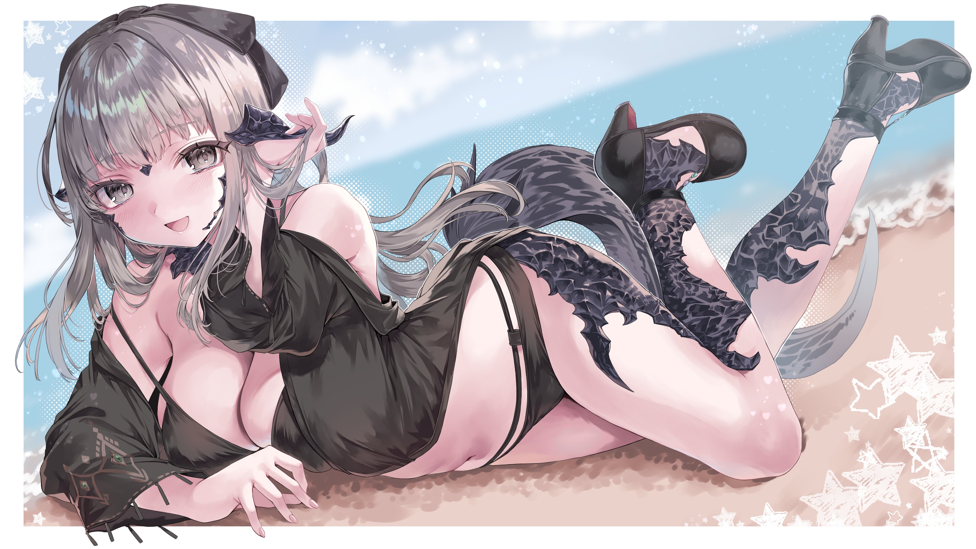 hime gyo, warrior of light (ff14), final fantasy, final fantasy xiv, absurdres, highres, 1girl, au ra, beach, bikini, black bikini, breasts, dragon girl, dragon horns, dragon tail, grey eyes, grey hair, horns, looking at viewer, lying, navel, on side, sand, scales, solo, swimsuit, swimsuit cover-up, tail, water