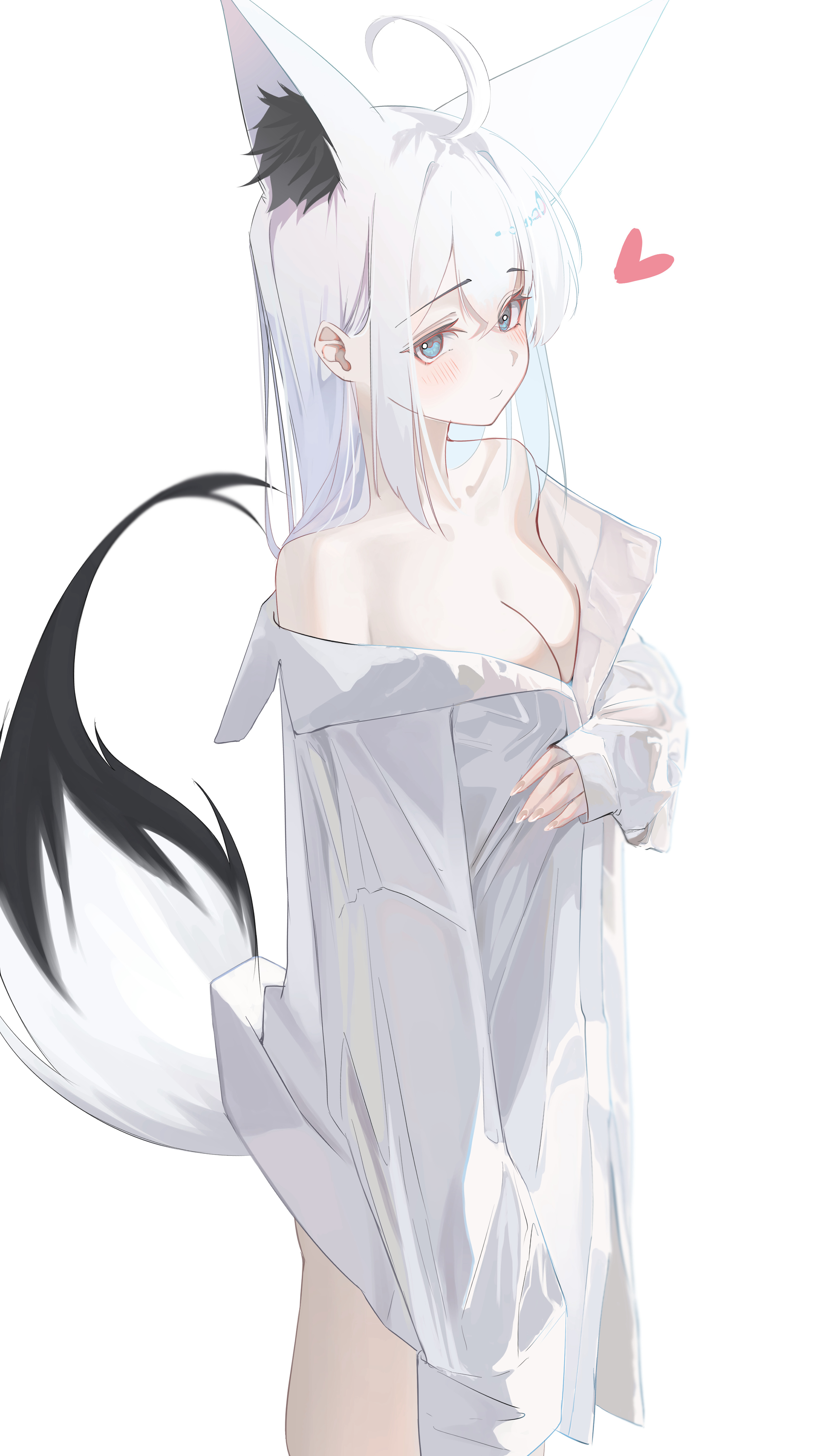 tanishi (hetianming11093), shirakami fubuki, hololive, absurdres, highres, 1girl, ahoge, animal ear fluff, animal ears, bare shoulders, blue eyes, breasts, cleavage, closed mouth, collarbone, collared shirt, fox ears, fox girl, fox tail, heart, light blush, light smile, long hair, looking at viewer, medium breasts, naked shirt, off shoulder, shirt, simple background, solo, standing, tail, virtual youtuber, white background, white hair, white shirt