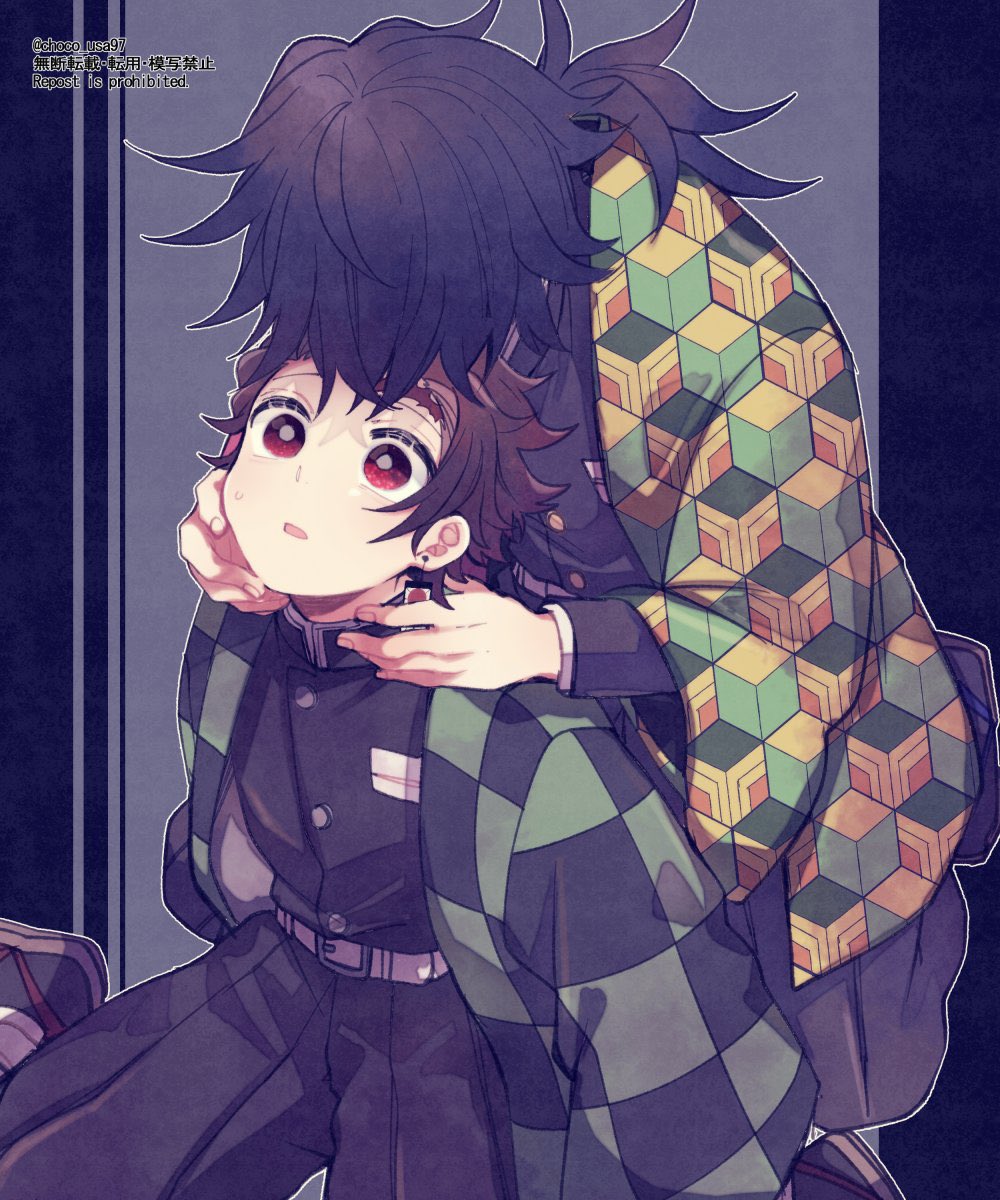aoi choko (aoichoco), kamado tanjirou, tomioka giyuu, kimetsu no yaiba, highres, 2boys, belt, black hair, black jacket, black pants, black socks, brown hair, demon slayer uniform, jacket, long hair, looking at another, looking down, looking up, low ponytail, male focus, multiple boys, pants, parted lips, ponytail, puffy pants, red eyes, sandals, short hair, socks, sweatdrop, white belt