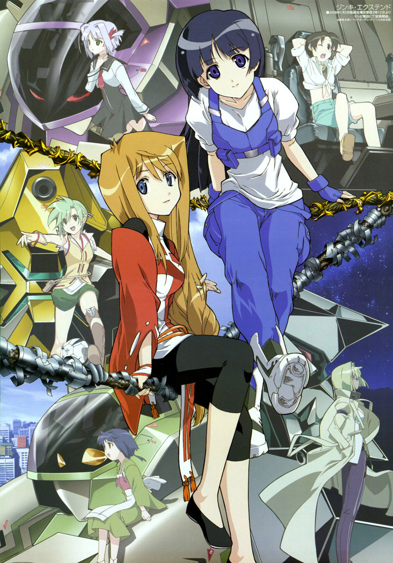 hiiragi akao, kawamoto satsuki, kousaka minami, kousaka rui, mel j vanette, tachibana elnie, tsuzaki aoba, jinki, megami magazine, black legwear, poster, star, official art, scan, 6+girls, black hair, blonde hair, blue eyes, blue hair, boots, bracelet, brown hair, city, dress, fingerless gloves, gloves, green eyes, green hair, hime cut, jewelry, knee boots, leggings, long hair, mecha, midriff, multiple girls, night, pointing, purple hair, short hair, short twintails, sitting, smile, spandex, sunglasses, thighhighs, trench coat, twintails, very long hair, wink, zettai ryouiki