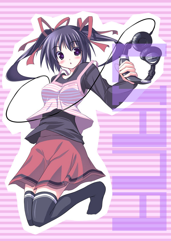 senmu (senmudayo), original, 1girl, :o, black thighhighs, blush, breasts, camisole, female focus, full body, hair ribbon, headphones, headphones removed, holding, jumping, long sleeves, looking at viewer, looking to the side, no shoes, parted lips, purple eyes, purple hair, red ribbon, red skirt, ribbon, skirt, sleeveless, solo, thighhighs, twintails, zettai ryouiki