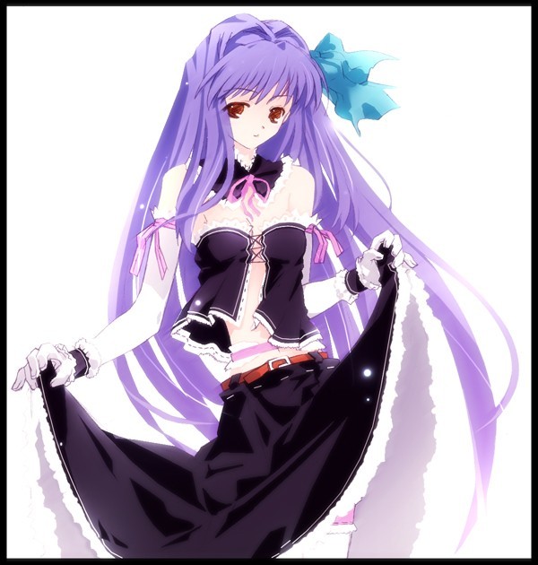 shirase ui, floralia, floralia+, original, 1girl, belt, bustier, clothes lift, detached collar, elbow gloves, female focus, florlia, frilled thigh strap, gloves, goth fashion, lifting own clothes, lingerie, long hair, navel, orange belt, purple hair, red eyes, skirt, skirt lift, solo, thigh strap, underwear, very long hair
