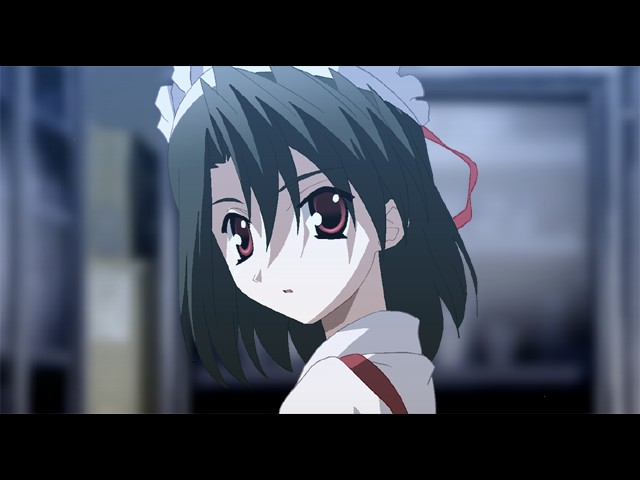 kiyoura setsuna, 0verflow, school days, game cg, 00s, 1girl, black hair, brown hair, female focus, hair ribbon, letterboxed, looking at viewer, looking back, maid headdress, pale skin, red eyes, ribbon, short hair, solo