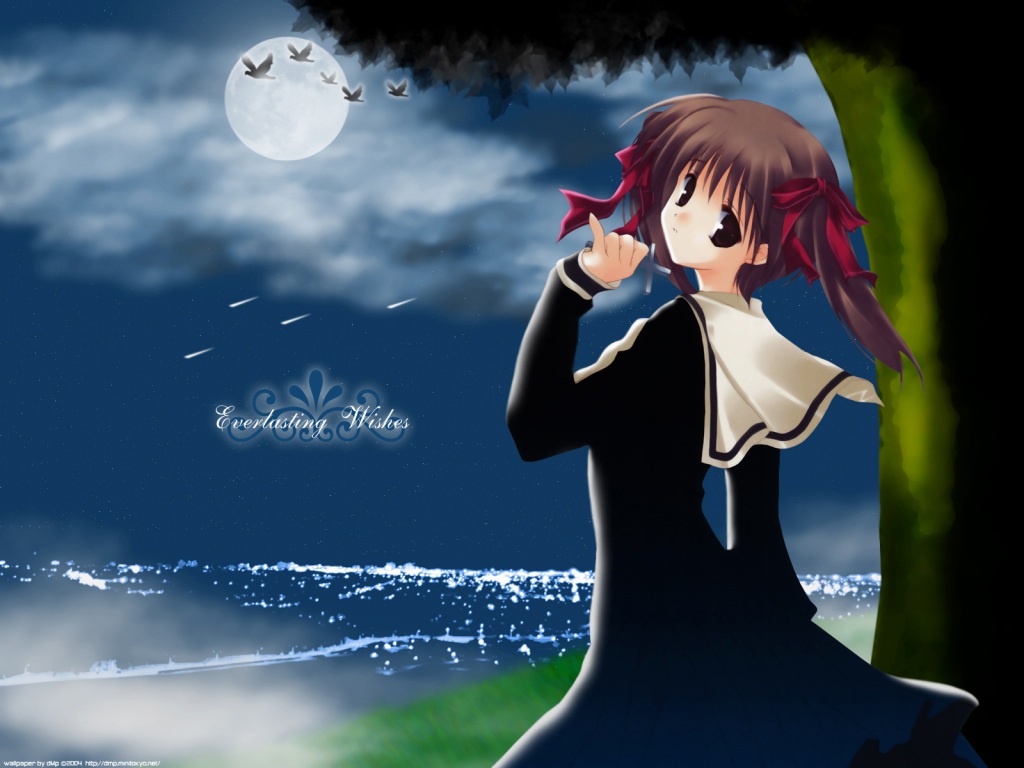 odawara hakone, fukuzawa yumi, maria-sama ga miteru, 00s, 1girl, brown hair, city lights, female focus, full moon, head tilt, looking at viewer, looking back, moon, ocean, school uniform, serafuku, short hair, solo, tree, watermark