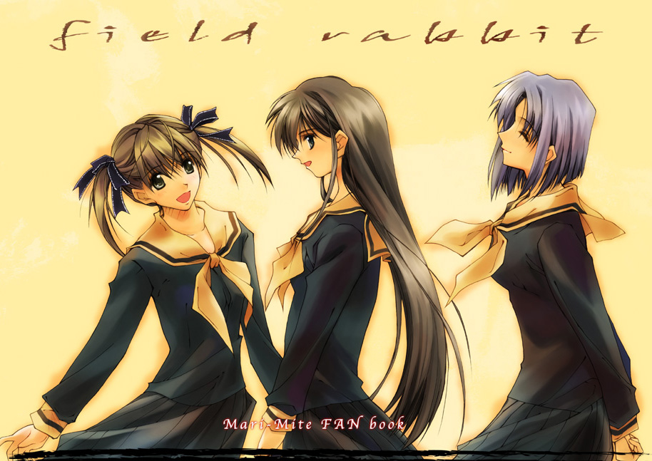 fukuzawa yumi, mizuno youko, ogasawara sachiko, maria-sama ga miteru, 00s, 3girls, black hair, blue hair, brown hair, closed eyes, copyright name, grey eyes, long hair, multiple girls, school uniform, smile, yellow background