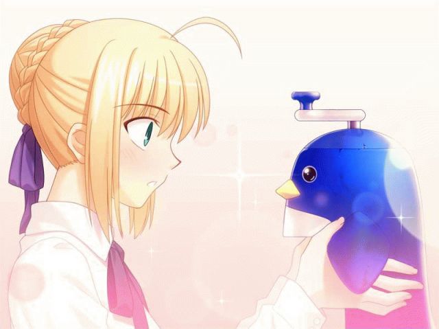 takeuchi takashi, artoria pendragon (fate), saber (fate), fate/hollow ataraxia, fate/stay night, fate (series), type-moon, game cg, 00s, 1girl, ahoge, bird, blonde hair, blouse, braid, braided bun, female focus, green eyes, hair bun, hair ribbon, penguin, profile, ribbon, shirt, solo