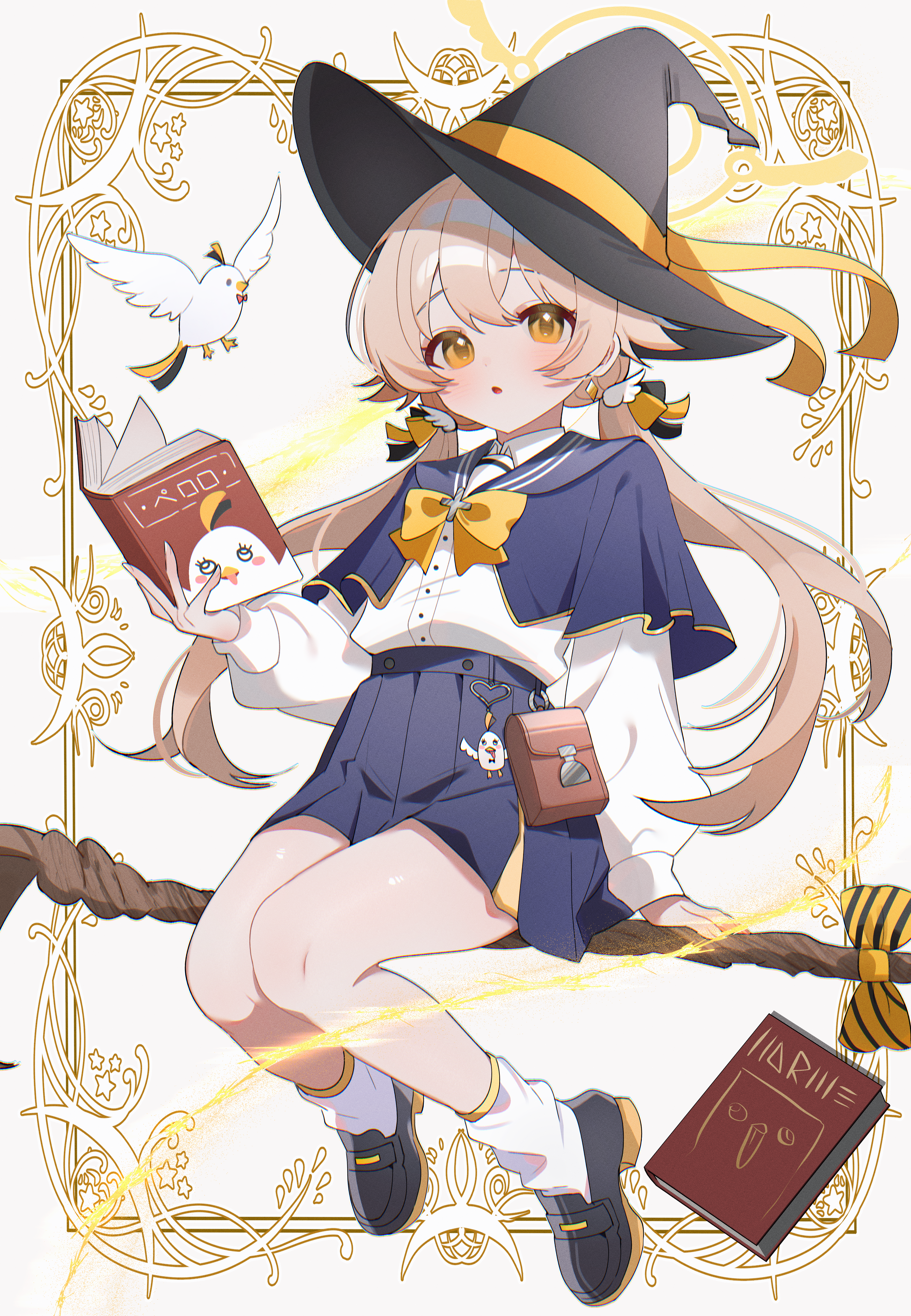 shusuchii, hifumi (blue archive), peroro (blue archive), blue archive, absurdres, commentary, highres, symbol-only commentary, 1girl, alternate costume, black hat, black shoes, blue capelet, blue skirt, book, broom, broom riding, brown hair, capelet, full body, halo, hat, holding, holding book, long hair, long sleeves, miniskirt, open mouth, orange eyes, pleated skirt, puffy long sleeves, puffy sleeves, shirt, shoes, skirt, socks, solo, twintails, white shirt, white socks, witch hat, yellow halo