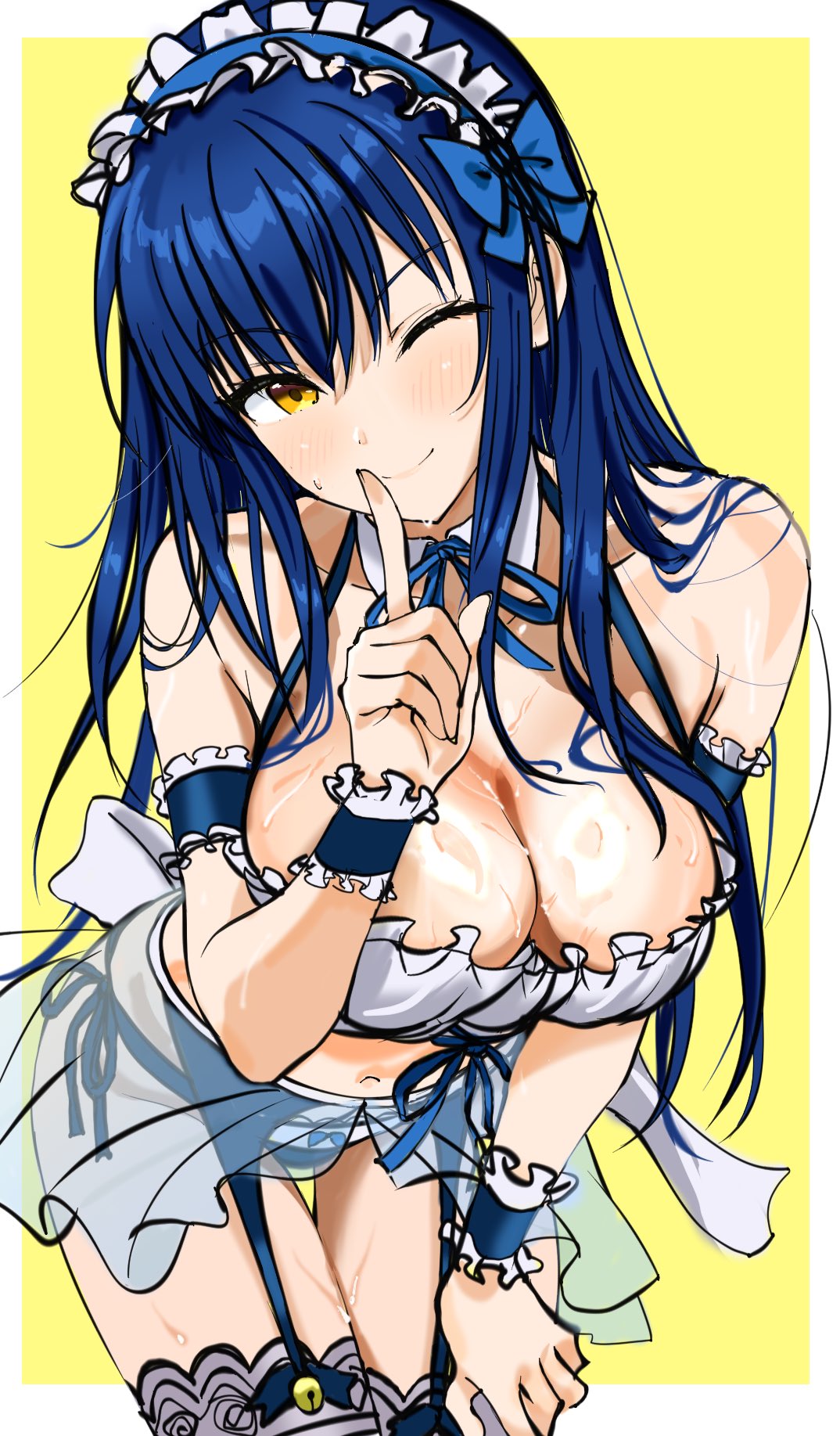 zenoo, kushima kamome, summer pockets, highres, 1girl, ;), alternate costume, bare shoulders, bikini, black bikini, black garter straps, black hair, black wrist cuffs, blue bow, blue hairband, blue ribbon, blush, border, bow, breasts, cleavage, closed mouth, collarbone, cowboy shot, detached collar, enmaided, eyelashes, finger to mouth, frilled arm strap, frilled wrist cuffs, frills, garter belt, garter straps, hair between eyes, hair bow, hair over shoulder, hair spread out, hairband, halterneck, hand on own thigh, hand up, head tilt, index finger raised, large breasts, leaning forward, long hair, looking at viewer, maid, maid bikini, maid headdress, navel, neck ribbon, one eye closed, outside border, ribbon, side-tie bikini bottom, sidelocks, simple background, smile, solo, split mouth, stomach, straight hair, swimsuit, thigh gap, thighs, unconventional maid, v-shaped eyebrows, very long hair, wet, white border, wrist cuffs, yellow background, yellow eyes