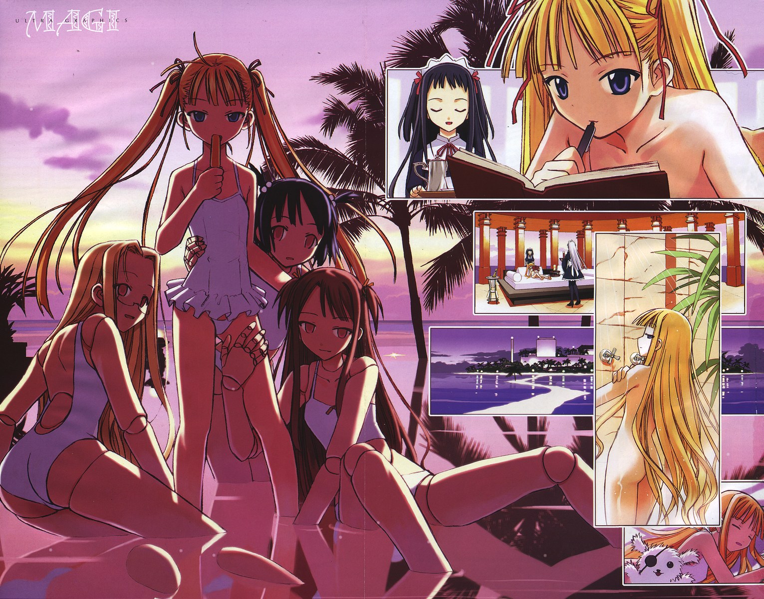akamatsu ken, magi (cu-little2), evangeline a.k. mcdowell, mahou sensei negima!, frilled swimsuit, highres, scan, 00s, 4girls, android, bikini, book, casual one-piece swimsuit, crease, doll joints, food, frills, glasses, joints, leg grab, maid, multiple girls, nude, ocean, one-piece swimsuit, open book, outdoors, palm tree, popsicle, reading, reflection, robot joints, stuffed animal, stuffed toy, sunset, swimsuit, tankini, tree, twilight, vampire, wading, water