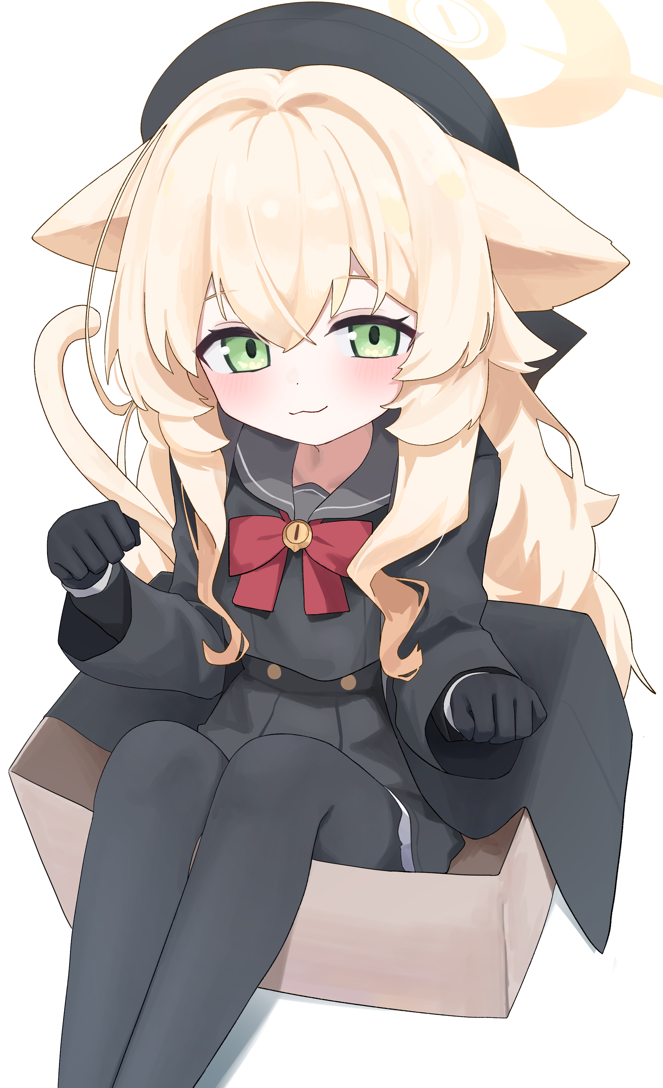 rihitonn, professor niyaniya (blue archive), blue archive, absurdres, highres, 1girl, animal ears, black gloves, blonde hair, cat ears, cat tail, gloves, green eyes, halo, hat, long hair, pantyhose, simple background, solo, tail, white background