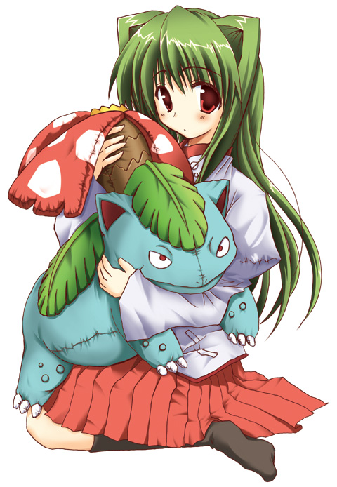pikachi, venusaur, nintendo, pokemon, 1girl, animal ears, black socks, blush, female focus, gen 1 pokemon, green hair, holding, kneehighs, long hair, long sleeves, pokemon (creature), red eyes, simple background, skirt, socks, solo, stuffed animal, stuffed toy, white background