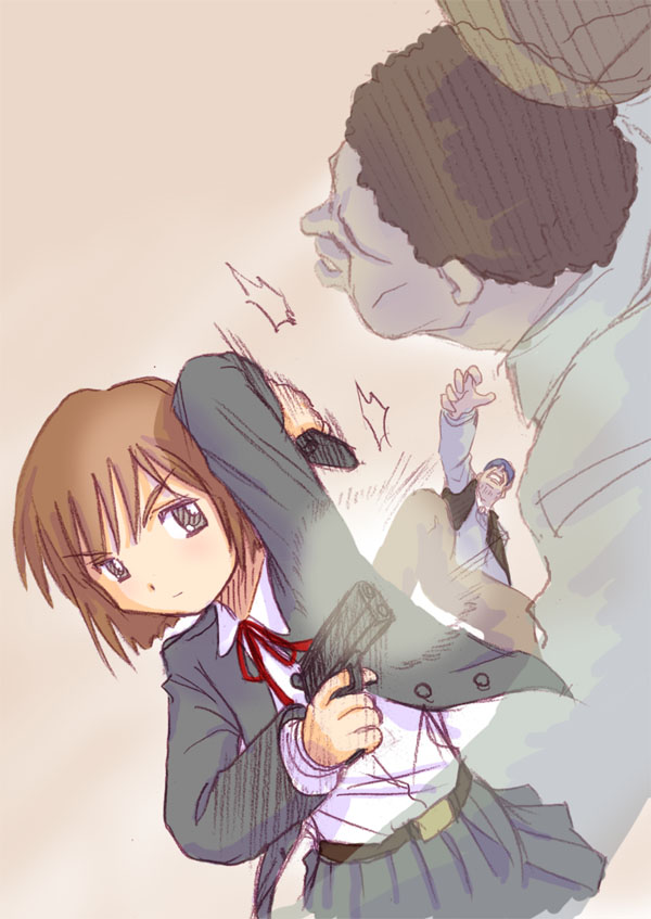 henrietta (gunslinger girl), gunslinger girl, 00s, 1girl, battle, bob cut, dual wielding, female focus, firing, gun, handgun, hands on own hips, holding, muzzle flash, pistol, sketch, solo, weapon