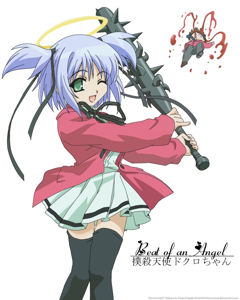 kusakabe sakura, mitsukai dokuro, bokusatsu tenshi dokuro-chan, derivative work, vector trace, 00s, 1boy, 1girl, black thighhighs, blood, blue hair, club, club (weapon), escaliborg, excalibolg, green eyes, halo, kanabou, open mouth, short twintails, smile, spiked club, thighhighs, traditional halo, twintails, weapon