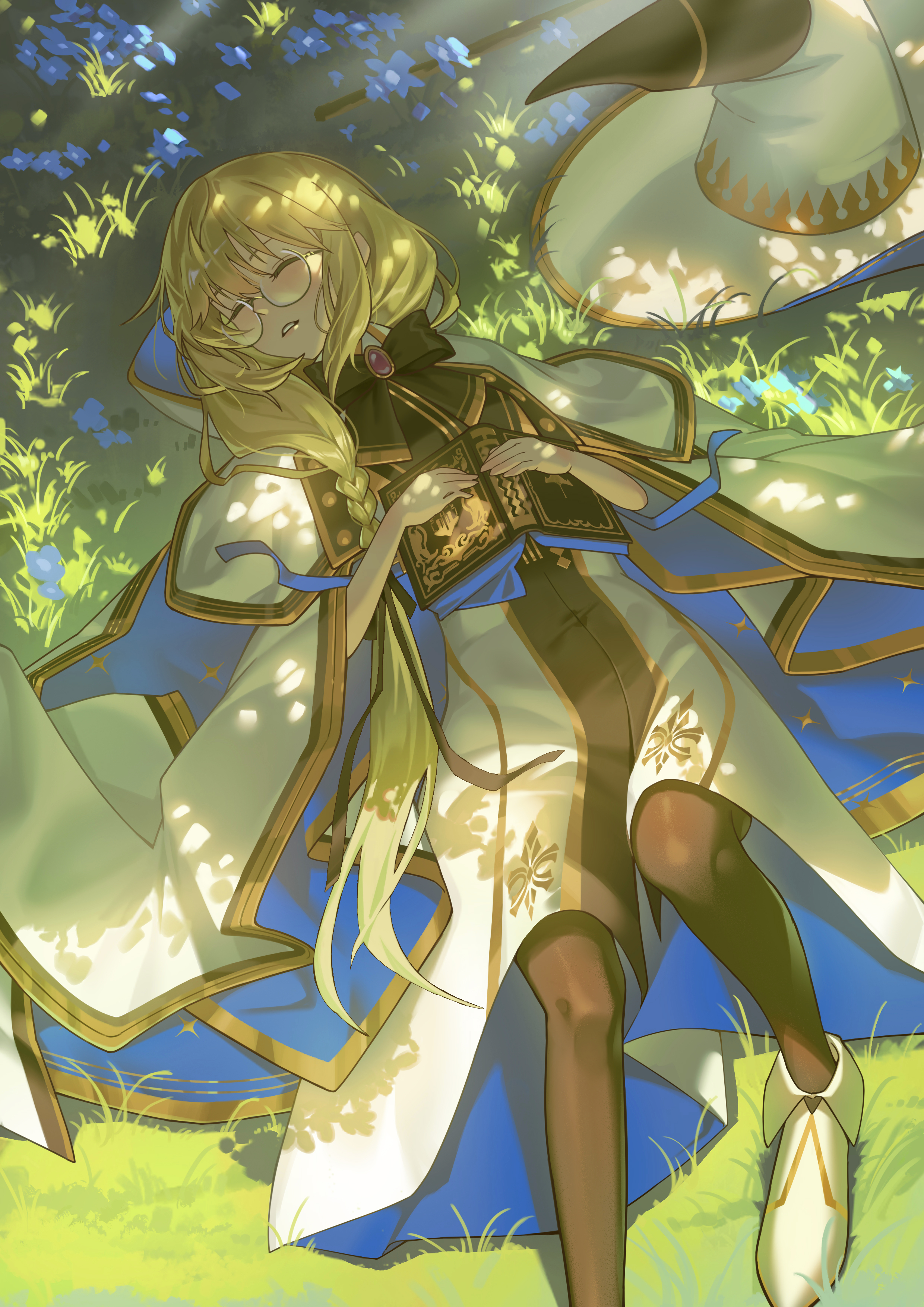zero yee, aesc (fate), aesc (rain witch) (fate), fate/grand order, fate (series), absurdres, highres, 1girl, black bow, black bowtie, black pantyhose, blonde hair, book, bow, bowtie, braid, glasses, hat, long hair, lying, on back, on grass, pantyhose, robe, sleeping, unworn hat, unworn headwear, white robe, wide sleeves, witch hat