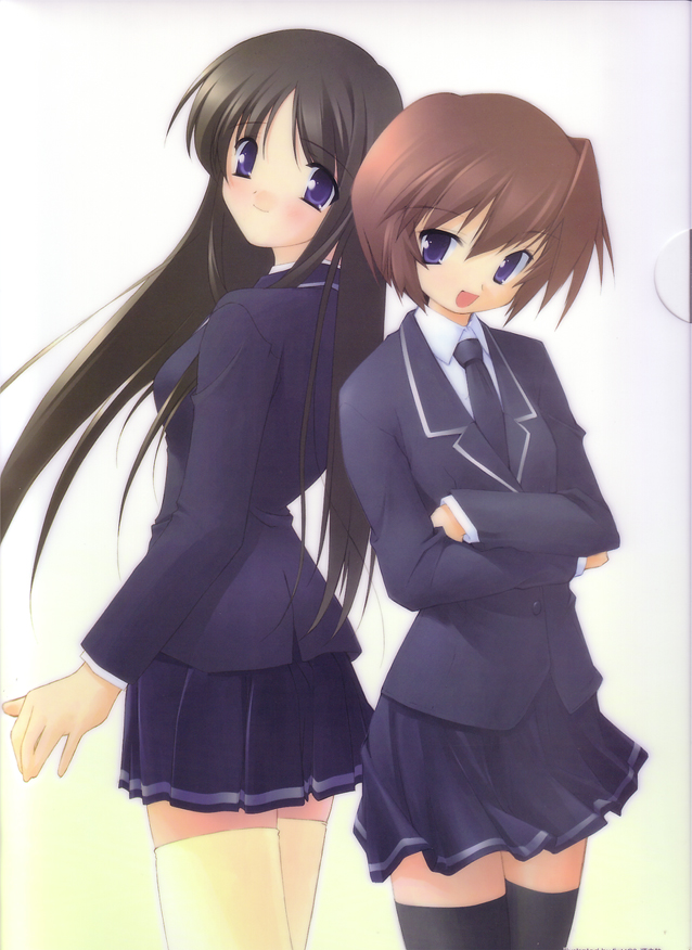 scan, 2girls, black thighhighs, blazer, brown hair, jacket, multiple girls, necktie, pleated skirt, purple eyes, school uniform, skirt, thighhighs, zettai ryouiki