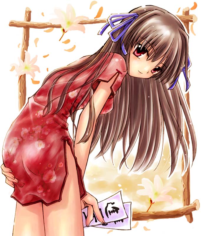 toono minagi, air (visual novel), 00s, 1girl, bow, brown hair, china dress, chinese clothes, dress, female focus, hand on own ass, leaning forward, long hair, ofuda, red eyes, ribbon, solo