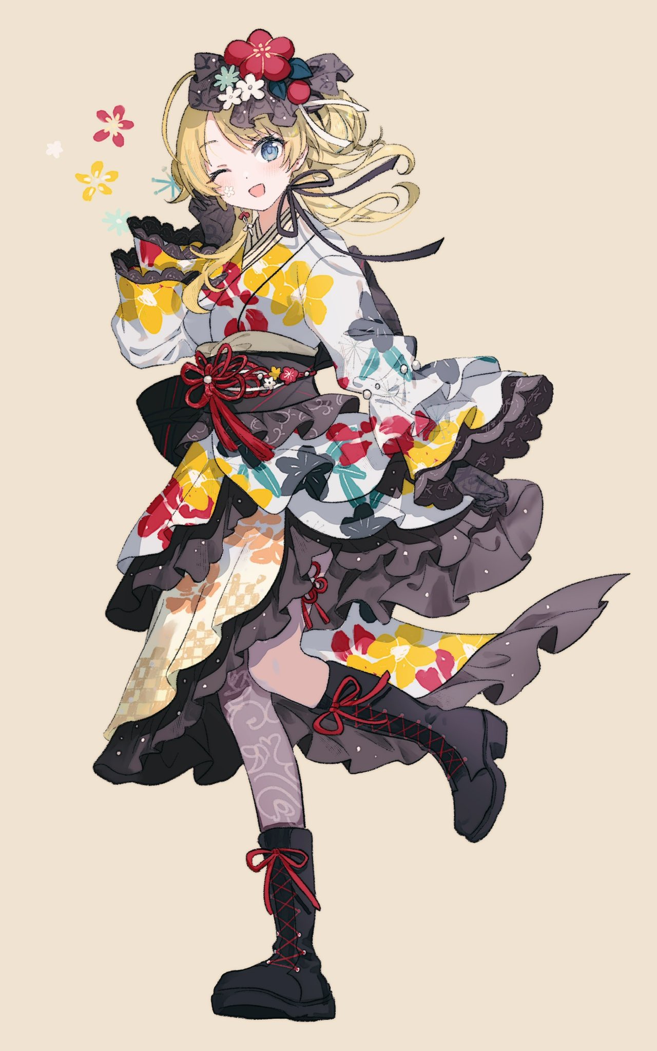 migolu, hachimiya meguru, idolmaster, idolmaster shiny colors, highres, 1girl, ahoge, back bow, black boots, black bow, black gloves, black ribbon, blonde hair, blue eyes, blush, boots, bow, earrings, floral print, floral print kimono, flower, frilled kimono, frills, full body, gloves, hair bun, hand on own cheek, hand on own face, hand up, head tilt, japanese clothes, jewelry, kimono, lace-up boots, layered kimono, looking at viewer, medium hair, obi, one eye closed, open mouth, print kimono, red ribbon, ribbon, sash, simple background, single leg pantyhose, solo, standing, standing on one leg, white kimono, yellow background