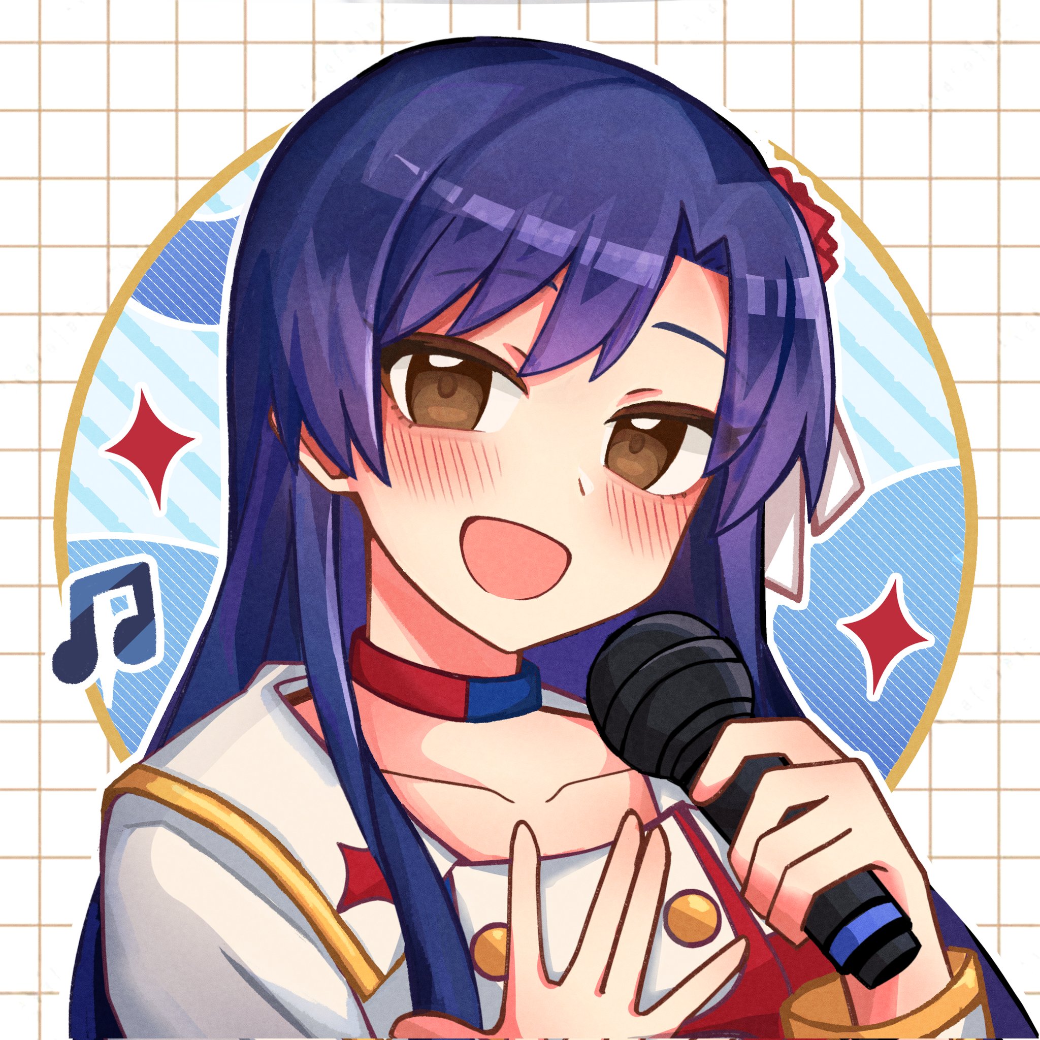 chiwawa174, kisaragi chihaya, idolmaster, idolmaster (classic), idolmaster movie, commission, highres, second-party source, 1girl, :d, blue choker, blue hair, blush, brown eyes, choker, grid background, hands up, holding, holding microphone, jacket, long hair, looking at viewer, microphone, musical note, open mouth, portrait, red choker, smile, solo, sparkle, starpiece memories (idolmaster), two-tone choker, white jacket