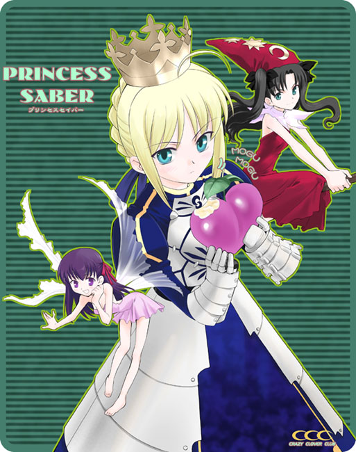 shirotsumekusa, arlia, artoria pendragon (fate), gradriel, gradriel de valendia, matou sakura, proserpina, saber (fate), tohsaka rin, atlus, fate/stay night, fate (series), princess crown, 3girls, ahoge, arlia (cosplay), armor, armored dress, barefoot, blonde hair, broom, broom riding, cosplay, crossover, crown, dress, fairy, faulds, food, fruit, gold crown, gradriel (cosplay), gradriel de valendia (cosplay), green background, hat, mini person, minigirl, multiple girls, parody, proserpina (cosplay), wings, wizard hat