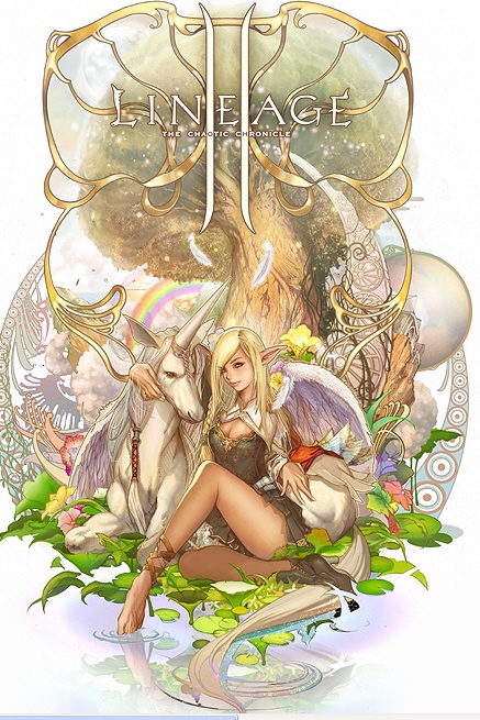 juno jeong, elf (lineage 2), lineage, lineage 2, 1girl, angel wings, art nouveau, elf, fantasy, feathers, female focus, flower, lily pad, pointy ears, rainbow, sitting, solo, tree, unicorn, wings