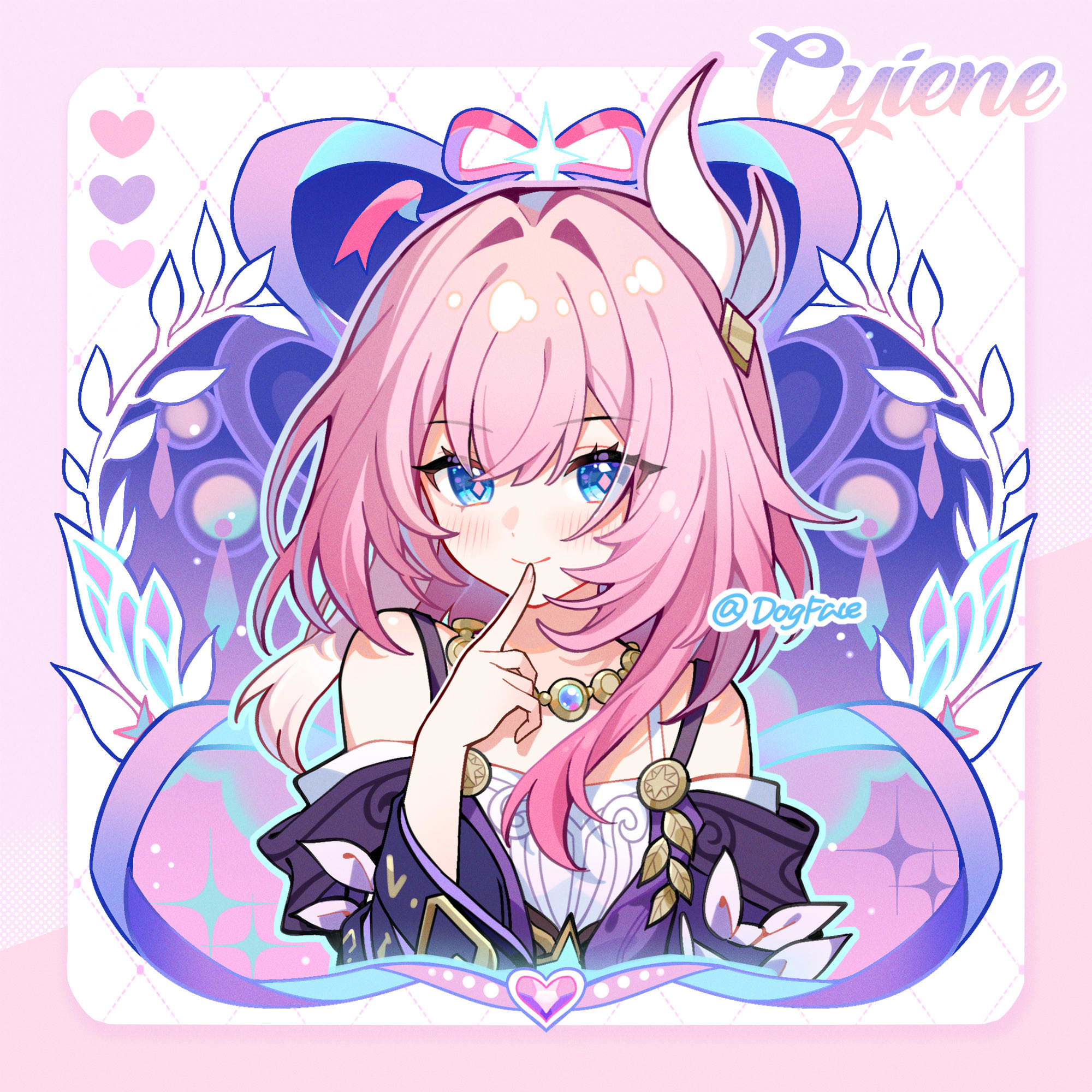 gou lianlian dogface, cyrene (honkai: star rail), honkai: star rail, honkai (series), chinese commentary, commentary request, highres, 1girl, ;), bare shoulders, breasts, coat, dress, hair ornament, heart, jewelry, medium hair, multicolored hair, necklace, one eye closed, pink hair, purple coat, small breasts, smile, solo, twitter username, two-tone hair, upper body, white dress, white hair