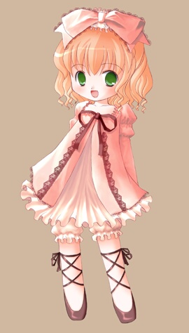 hinaichigo, rozen maiden, lowres, 00s, 1girl, :d, blonde hair, bow, female focus, green eyes, open mouth, pink bow, short hair, smile, solo