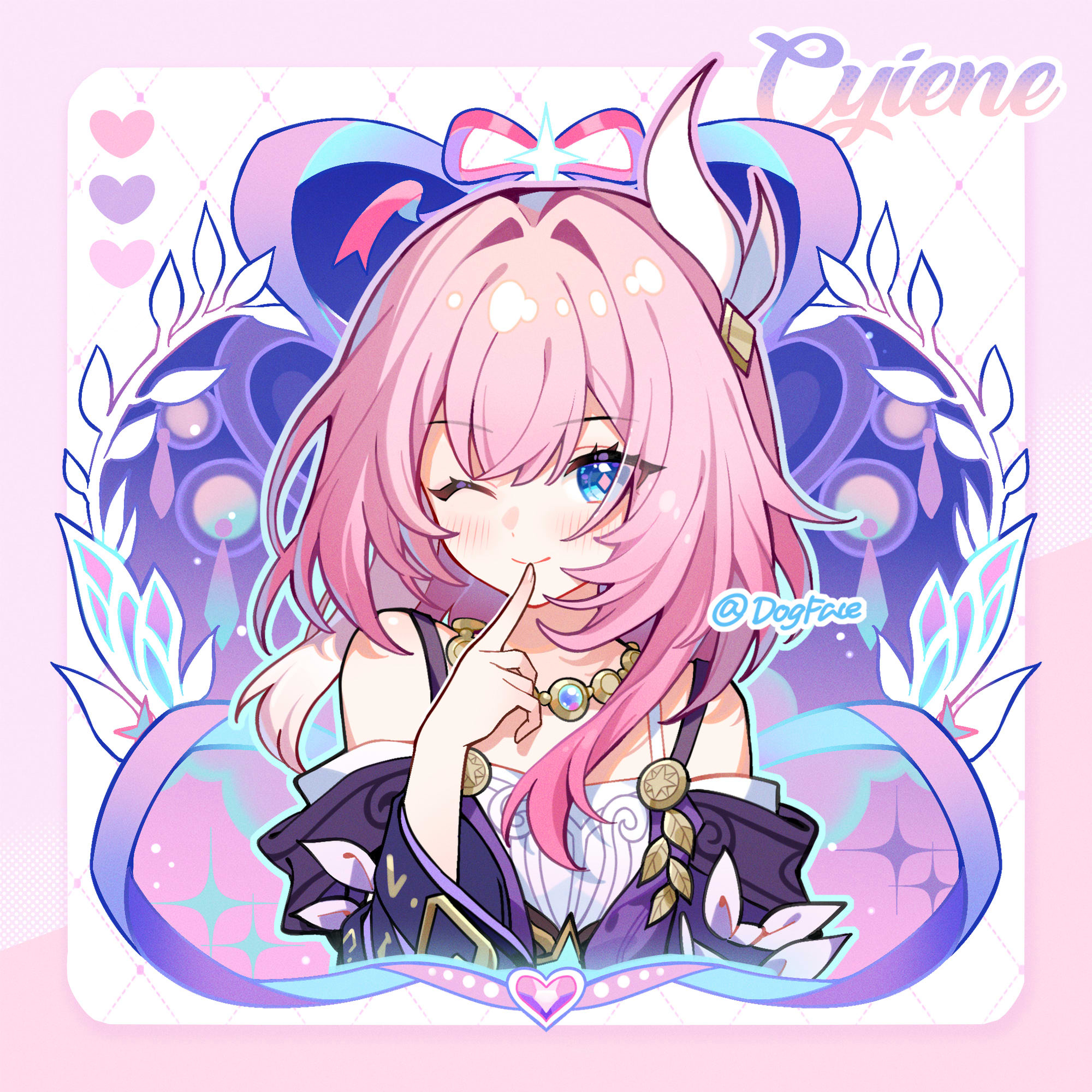 gou lianlian dogface, cyrene (honkai: star rail), honkai: star rail, honkai (series), chinese commentary, commentary request, highres, 1girl, ;), bare shoulders, breasts, coat, dress, hair ornament, heart, jewelry, medium hair, multicolored hair, necklace, one eye closed, pink hair, purple coat, small breasts, smile, solo, twitter username, two-tone hair, upper body, white dress, white hair