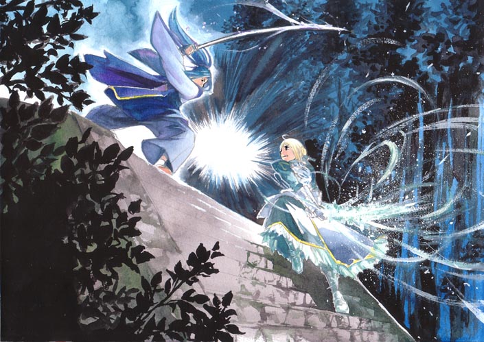 artoria pendragon (fate), saber (fate), sasaki kojirou (fate), fate/stay night, fate (series), 00s, 1boy, 1girl, ahoge, armor, armored dress, assassin, battle, blonde hair, blue hair, boots, dress, excalibur (fate/stay night), fighting, gauntlets, green eyes, hair ribbon, invisible air (fate), japanese clothes, monohoshizao, ponytail, ribbon, stairs, sword, weapon