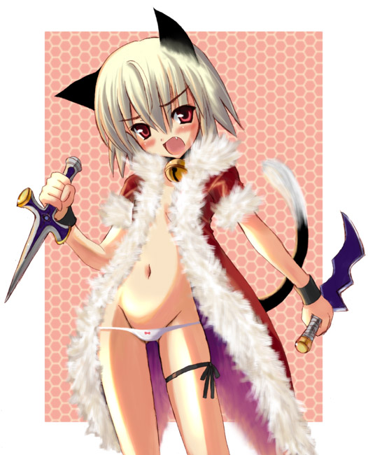 kyogoku shin, rogue (ragnarok online), ragnarok online, 1girl, animal ears, bow, bow panties, cat ears, dagger, female focus, hair between eyes, holding, holding dagger, holding knife, holding weapon, knife, lowleg, lowleg panties, neck bell, no bra, panties, petite, solo, underwear, weapon, white panties
