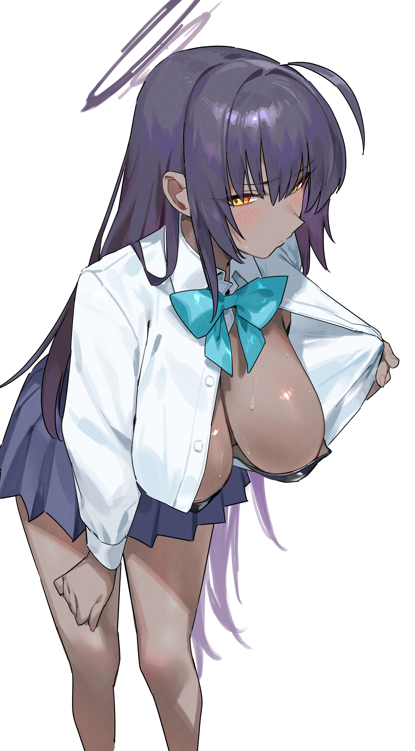 nonco, karin (blue archive), karin (school uniform) (blue archive), blue archive, absurdres, highres, 1girl, ahoge, black hair, black leotard, blue skirt, blush, breasts, cleavage, closed mouth, dark-skinned female, dark skin, halo, hand on own thigh, large breasts, leaning forward, leotard, leotard under clothes, long hair, long sleeves, looking at viewer, open clothes, open shirt, pleated skirt, purple halo, school uniform, shirt, skirt, solo, strapless, strapless leotard, sweat, very long hair, white shirt, yellow eyes