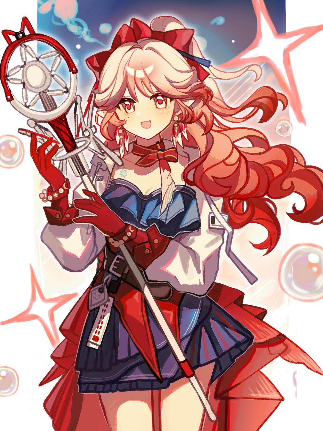 haruka (arknights), arknights, bad source, highres, 1girl, :d, belt, black dress, blue dress, bow, bracelet, bubble, cowboy shot, dress, earrings, gloves, gradient hair, hair bow, holding, holding staff, jacket, jewelry, long hair, long sleeves, looking at viewer, mage staff, mole, mole on cheek, multicolored hair, open mouth, orange eyes, orange hair, pink eyes, pink hair, pointy ears, ponytail, red bow, red eyes, red gloves, red hair, smile, solo, staff, white background, white jacket, yinghua fuhao
