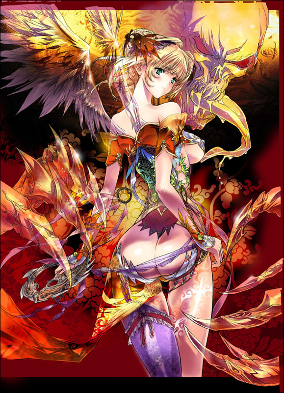 q azieru, original, 1girl, ass, asymmetrical clothes, asymmetrical legwear, blonde hair, blush, breasts, buttless clothing, chakram, claws, covered erect nipples, female focus, green eyes, hair ornament, large breasts, looking at viewer, looking back, monster, no panties, panties, panty pull, sideboob, single thighhigh, skull, solo, tattoo, thighhighs, tongue, trefoil, underboob, underwear, uneven legwear, weapon, wings