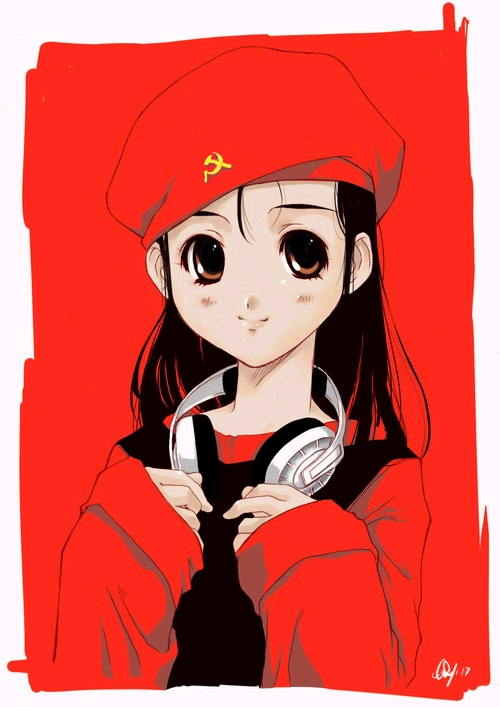 original, sennheiser, 1girl, beret, brown eyes, communism, female focus, hammer and sickle, hat, headphones, headphones around neck, red background, red theme, russia, solo, soviet
