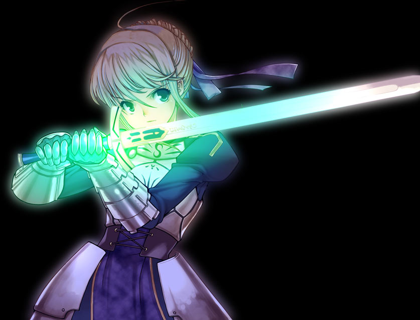 artoria pendragon (fate), saber (fate), fate/stay night, fate (series), 00s, 1girl, armor, armored dress, blonde hair, braid, braided bun, dress, excalibur (fate/stay night), female focus, glowing, glowing sword, glowing weapon, hair bun, solo, sword, weapon