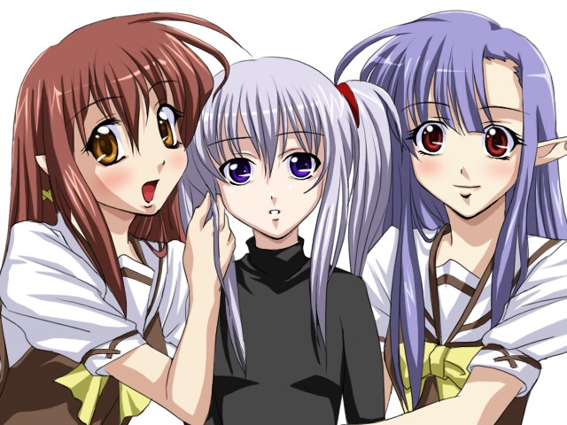 sanshita, lisianthus, nerine, primula, shuffle!, 00s, 3girls, :d, blush, brown hair, hand in own hair, long hair, looking at viewer, multiple girls, open mouth, parted lips, pointy ears, purple eyes, purple hair, red eyes, school uniform, sidelocks, smile, yellow eyes
