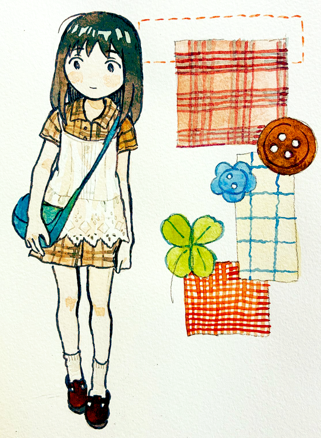 io (onisarashi), original, highres, 1girl, arms at sides, bag, blush, full body, looking at viewer, plaid clothes, plaid skirt, shoes, short sleeves, skirt, smile, socks, solo, standing