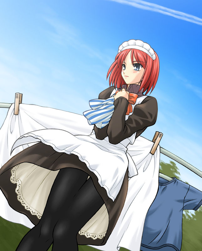 hisui (tsukihime), tsukihime, 00s, apron, blue eyes, knees together feet apart, laundry, maid, maid apron, pantyhose, red hair, short hair, solo, upskirt