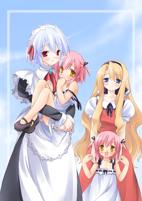coral-squer, kotonomiya yuki, kousaka alice, kousaka maria, shinjou izumi, suigetsu, 4girls, blonde hair, blue eyes, blue hair, blush, carrying, child, dress, hair ribbon, hairband, holding, hug, long hair, maid, multiple girls, pink hair, princess carry, red eyes, ribbon, short hair, short twintails, siblings, sisters, smile, strap slip, twins, twintails, very long hair, yellow eyes